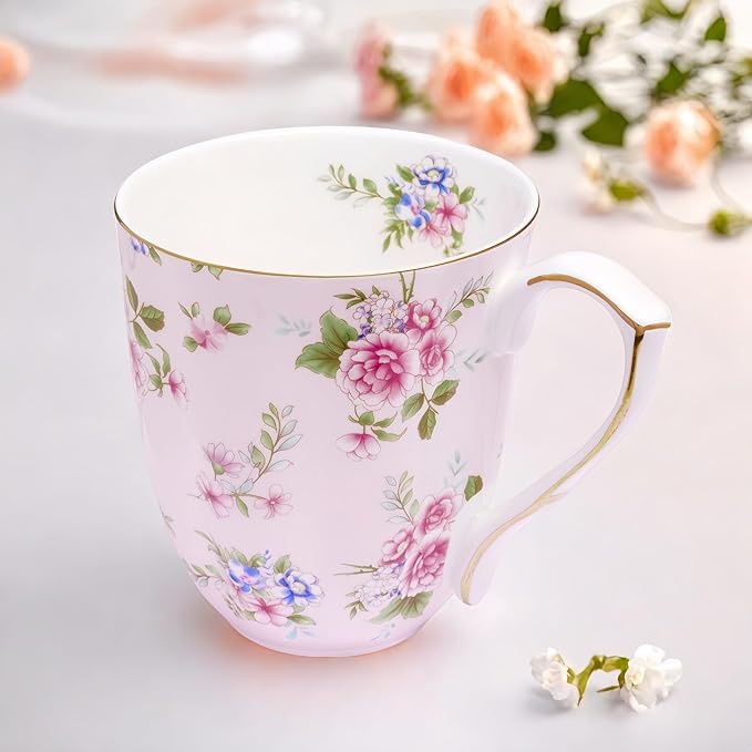 13oz Bone China Floral Mug with Gold Bone China Coffee Mugs Bone Teacup Christmas Mugs Birthday Gifts for Women Mom Friends Coworker