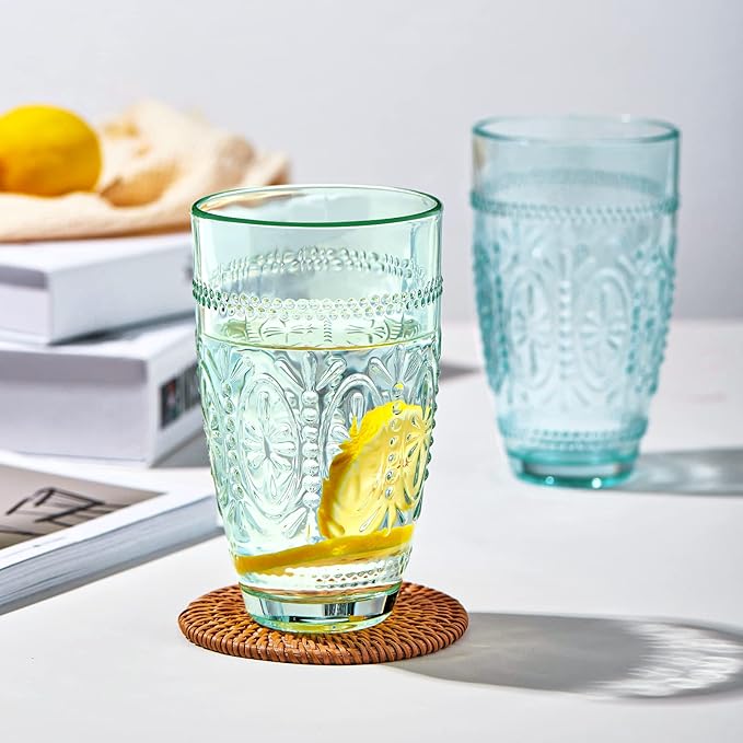 CREATIVELAND Colored Vintage Drinking Glasses Set of 4, 15.5 oz Romantic Embossed Water Glasses, Colored Tumblers Tempered Glass for Juice, Beverages, Beer, Cocktail (Green)