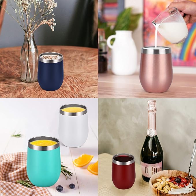 Qtencas 6 Pack Stainless Steel Wine Tumbler Wine Glass, 12 Oz Double Wall Vacuum Insulated Stemless Wine Tumbler with Lid Straw, Set of 6 Cups for Wine, Coffee, Cocktail, Ice Cream, Mix Color
