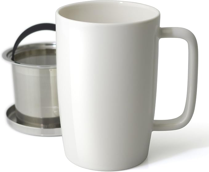 FORLIFE Dew Glossy Finish Brew-In-Mug with Basket Infuser & "Mirror" Stainless Lid 18 oz., White