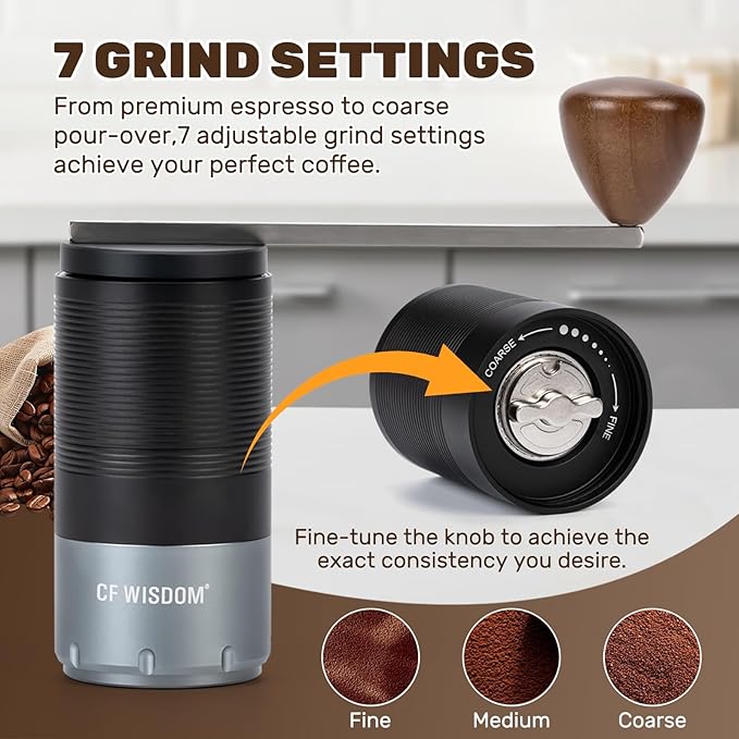Portable Electric Coffee Grinder Dual-mode electric and manual grinding Features 7-level precision grind settings Adjustable coffee bean grinder Ideal for travel, camping, office, and home use