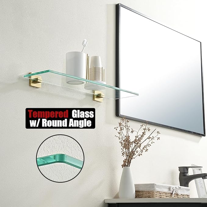 JQK Bathroom Glass Shelf, Floating Tempered Glass Shower Storage 20 by 5 inches, 304 Stainless Steel Brushed Gold Wall Mount 2 Pack 2 Pack, TGS201L20-BG-P2