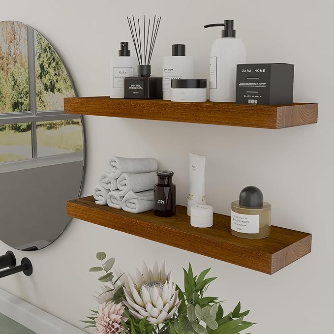 IAE Walnut Floating Wall Shelves 24 inch, Bathroom Shelf Wall Mounted,Invisible Shelf Floating Kitchen Shelves,Wooden Wall Shelving with Brackets for Living Room Wall Mounted,Easy Install,Set of 2
