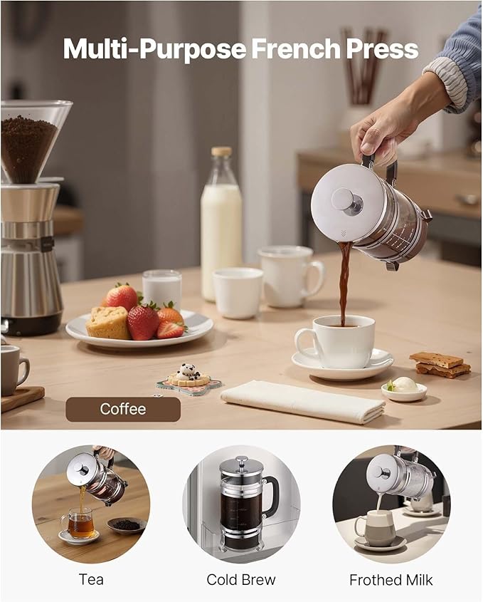 French Press Coffee Maker, 34oz Borosilicate Glass, Stainless Steel Filter