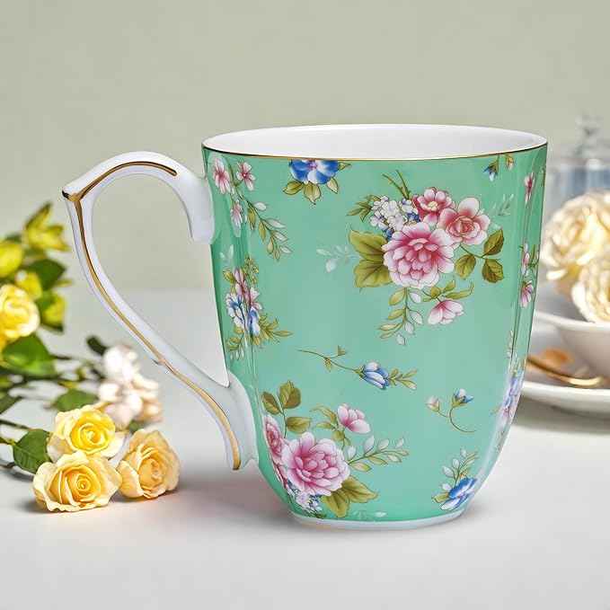 13oz Bone China Floral Mug with Gold Bone China Coffee Mugs Bone Teacup Christmas Mugs Birthday Gifts for Women Mom Friends Coworker