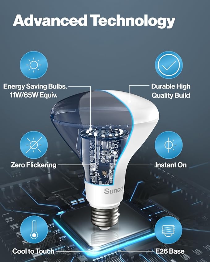 Sunco 96 Pack BR30 Light Bulb LED Recessed Can Light Bulbs, Indoor Flood Lights 850 LM, 11W (65W Equivalent), 5500K Daylight Glow, Dimmable, E26 Base, for Home, Kitchen, Bedroom UL.