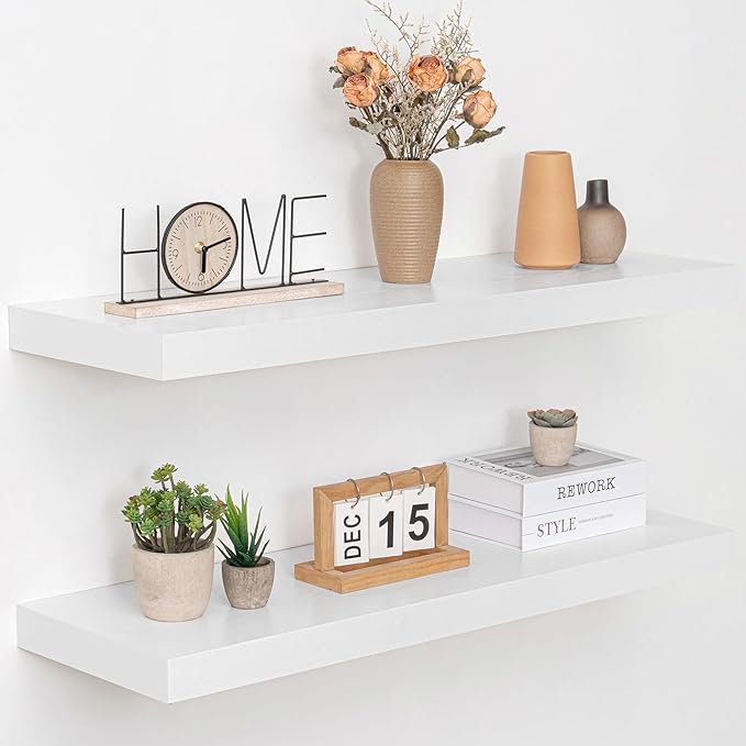 36 Inch Floating Shelves, 12" Deep Floating Shelf Wall Mounted, 36" Wall Shelves, Rustic Deep Bookshelf, Extra Deeper & Thicker Display Shelves for Bedroom, Living Room, White, Set of 2