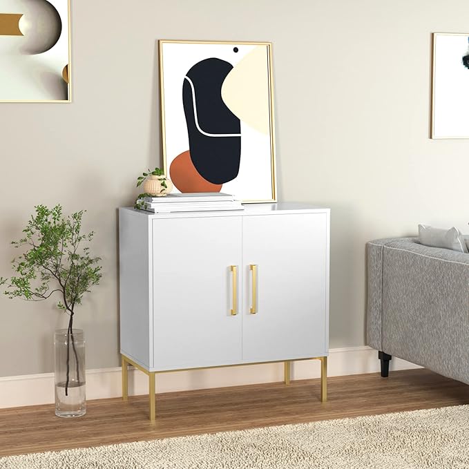 JOZZBY Buffet Sideboard Cabinet with Storage, Modern Wooden Cabinet with Adjustable Shelves, White and Gold Cabinets for Living Room, Kitchen, Hallway, Set of 2