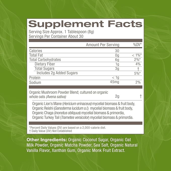 OM MUSHROOM SUPERFOOD Matcha Latte Blend – Green Tea Mushroom Powder with Lion’s Mane, Reishi, Chaga & Turkey Tail – Focus, Calm & Stress Support – 8.47 oz Canister (30 Servings)