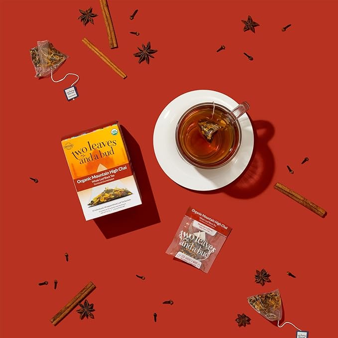 Two Leaves and a Bud Organic Mountain High Chai Tea Bags, Whole Leaf Black Tea and Spices in Compostable Sachets,15 Count (Pack of 1)