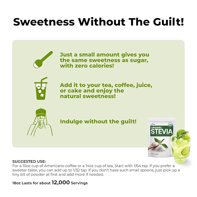 Viccoky Organic Stevia Powder, Pure Stevia Extract, Sugar-Free & 0 Calories, No Additives, Sugar Substitute, Natural Sweetener, 18oz (511g)