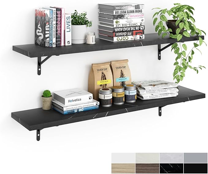 Kaboon 45 inch Long 10 inch Deep Floating Shelves for Wall Set of 2, Large Open Shelves Wall Mounted, Space Saving Home and Commercial Use, Cloud Atlas/Black Marble