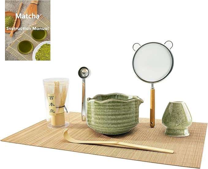 Matcha Whisk Set, 7 Pcs Matcha Kit with Spouted Bowl, Sifter and Whisk Holder. Complete Macha Whisk Set Making Kit includes ceremonial Japanese traditional Bamboo whisk (Chasen) for Matcha Lover