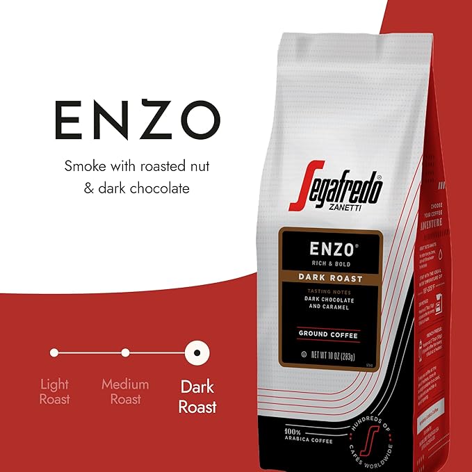 Segafredo Zanetti Ground Coffee – Made with Arabica Coffee – Dark Roast, Smoky with Hints of Roasted Nuts & Dark Chocolate – South American Blend – Rich, Full-Bodied – Enzo, 10oz Bag, Pack of 6