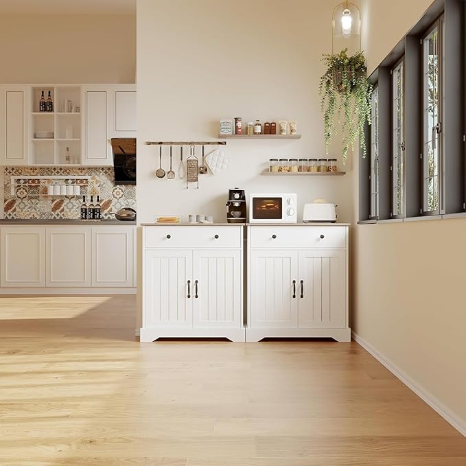 29.5'' White Wood Buffet Cabinet with Adjustable Shelves and Doors, Versatile Coffee Bar Storage for Living Room, Entryway, Dining Room, and Kitchen Pantry