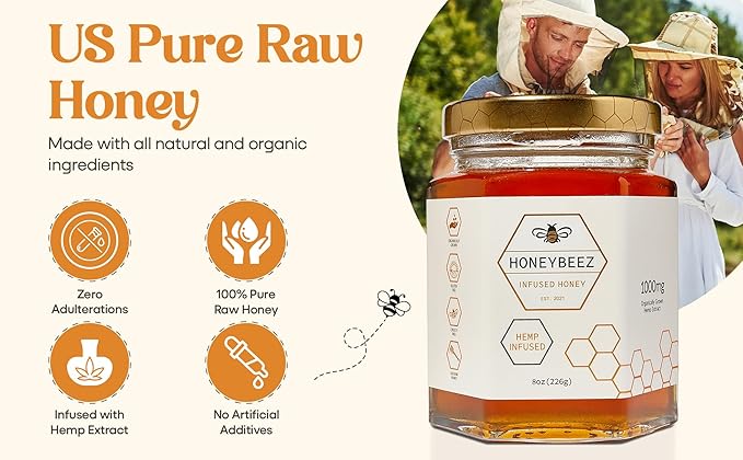 HoneyBeez Premium Raw Honey Infused with Hemp- 32mg per serving (Natural, 8oz)