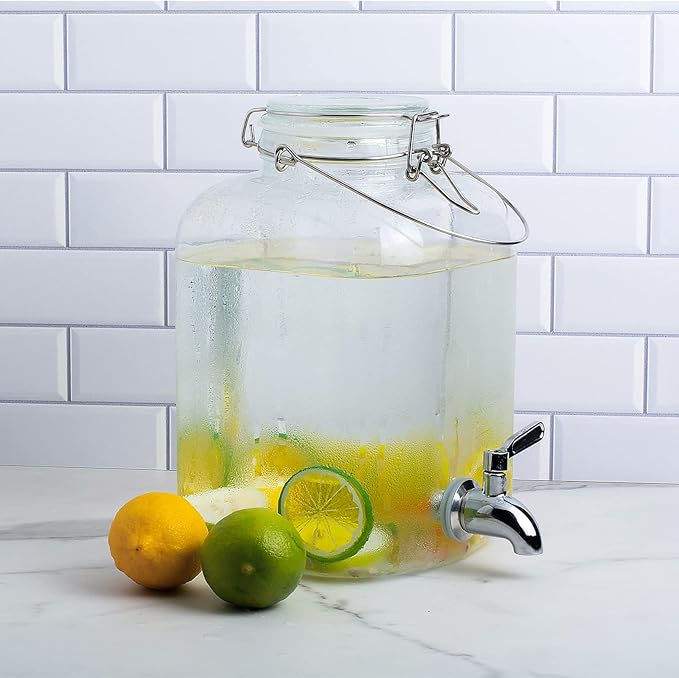Glass Drink Dispenser for Parties, 1 Gallon Glass Water Dispenser with Stainless Steel Spigot and handle,Glass Water Dispenser Countertop for Weddings, Lemonade & Laundry Detergent Dispenser (2Pack)