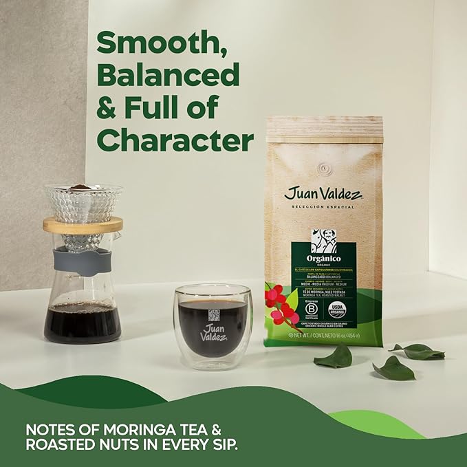 Juan Valdez Organic Whole Bean Coffee - Balanced Roast | 100% Colombian Arabica Beans | 100% Colombian Coffee - Balanced Profile with Moringa & Nutty Notes | Certified USDA Organic | 16 oz / 454 gr