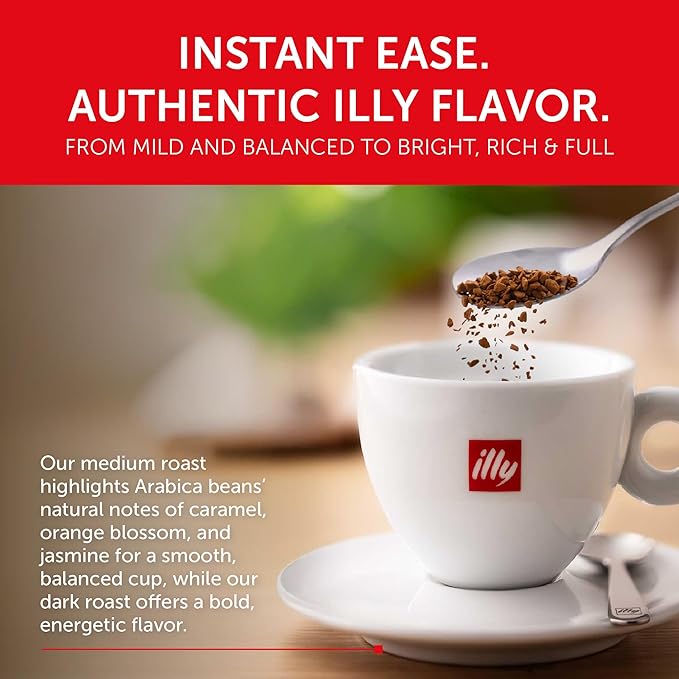 Illy Instant Coffee, Classico Medium Roast & Intenso Dark Roast – Mild & Balanced & Bold & Full-Bodied – 100% Arabica – Sealed for Freshness – 3.3oz Cans (Pack of 6)