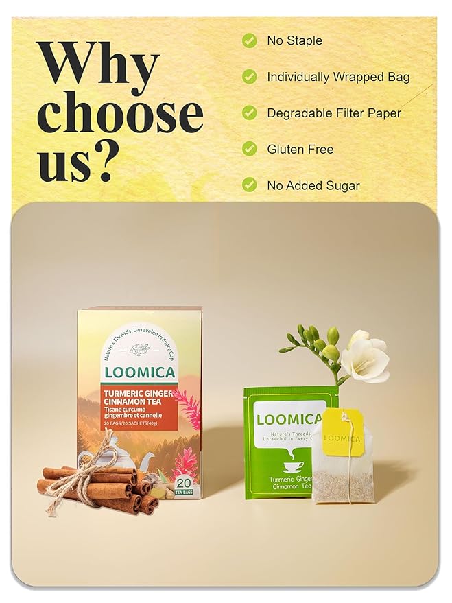 LOOMICA Turmeric Ginger Cinnamon Tea, Naturally Caffeine-Free, Warm & Spicy Herbal Blend, Rich & Aromatic, Perfect for Cozy Mornings & Relaxing Evenings, 20 Counts