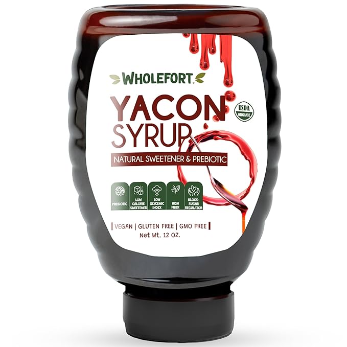 Peruvian Yacon Syrup a 100% Natural Sweetener - Low Glycemic Index - Vegan - Organic - Substitute for Sugar, Honey and Molasses - Packed with FOS (fructooligosaccharide) a Prebiotic Fiber and Inulin - In an Easy Squeeze Dripless Bottle by Wholefort