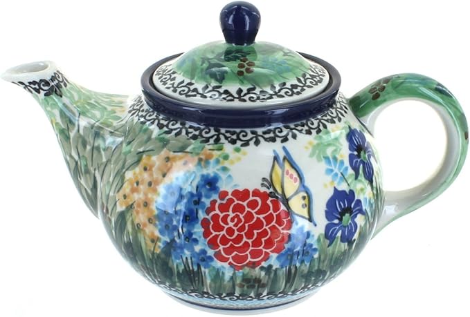 Blue Rose Polish Pottery - Green Teresa Small Teapot - 3.5 Cup Capacity - Hand-Painted Polish Pottery Ceramic Coffee & Tea Server