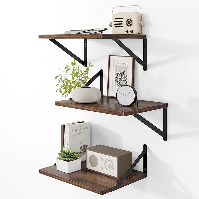 Heimlove Deep Floating Shelves for Wall, 12 Inch Deep Floating Shelves Set of 3, 16W x 12D Wood Wall Shelves, Wide Wood Shelves with Metal Bracket for Living Room, Kitchen, Office, Bedroom - Walnut