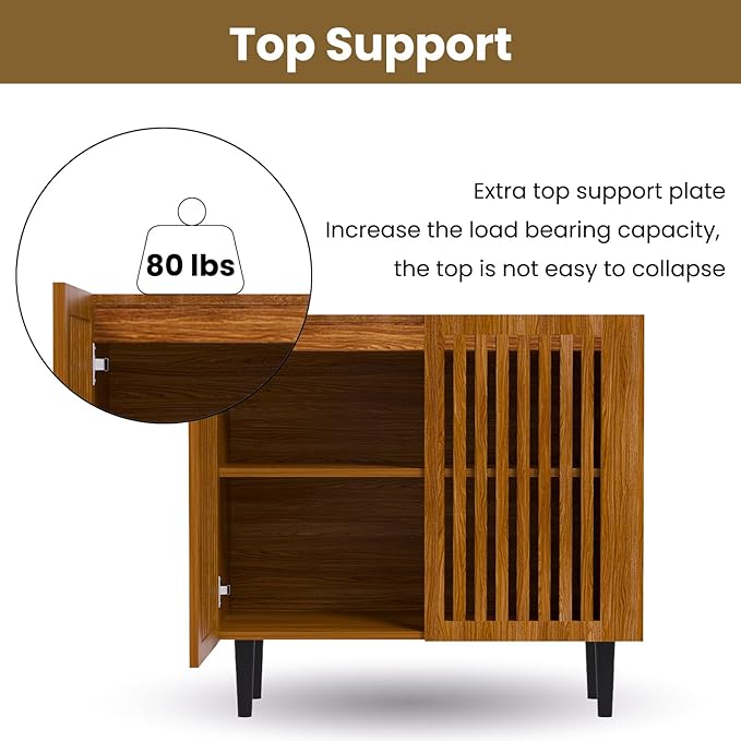 CHUWELL Farmhouse Storage Cabinet, 31.5" Buffet Accent Cabinet with 2 Doors and Adjustable Shelf, Sideboard Coffee Bar with Solid Wood Feet for Kitchen,Living Room,Brown