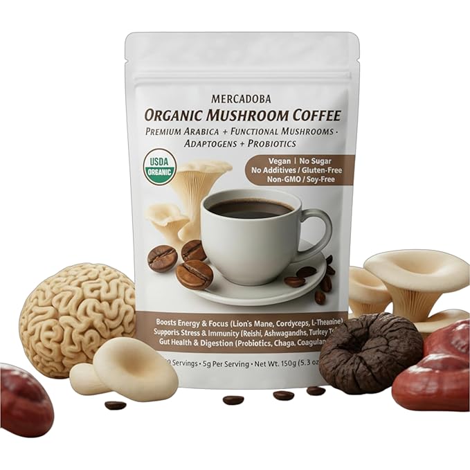 Organic Mushroom Instant Coffee – Premium Arabica & 7 Functional Mushrooms – Lion’s Mane, Chaga, Cordyceps – Focus, Energy, Immunity – USDA Organic, Vegan, Non-GMO – 30 Servings