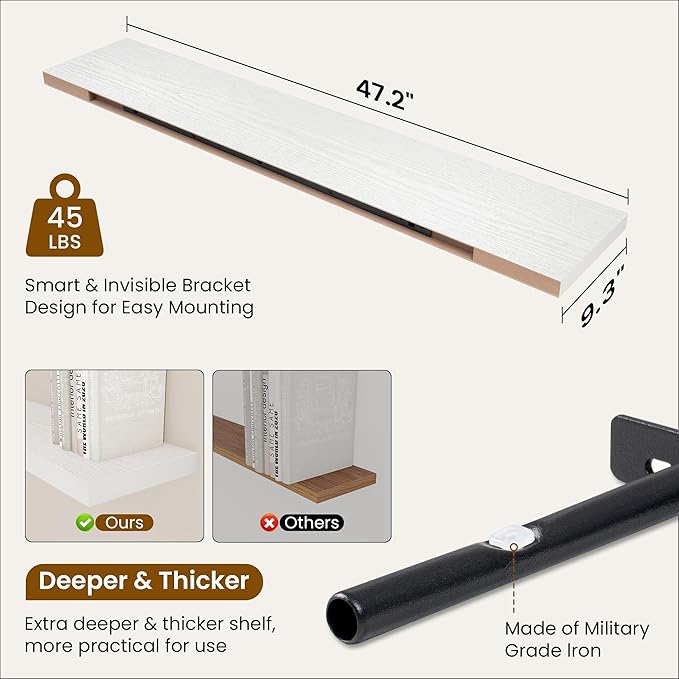 Fun Memories 48 Inch Deep Floating Shelves for Wall, 2 Pack of Long Wall Mounted Wood Shelves with Invisible Brackets for Bathroom, Bedroom, Living Room, Kitchen Decor and Storage, White