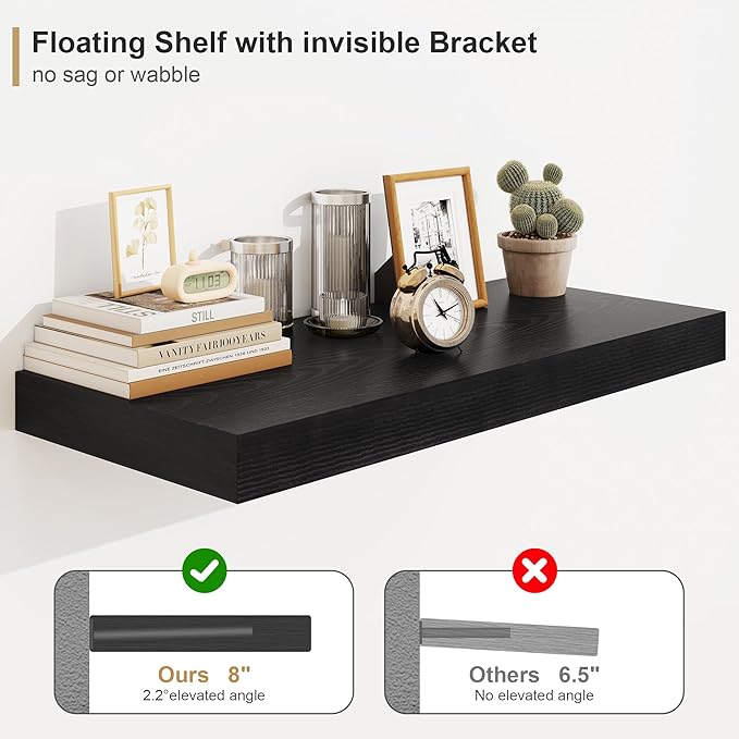 Heimlove 12 Inch Deep Floating Shelves, 55 x 12 inch Extra Long Floating Shelves for Wall, Large Display Shelf & Storage Shelf for Living Room Bedroom Kitchen Home Office, Set of 1, Black