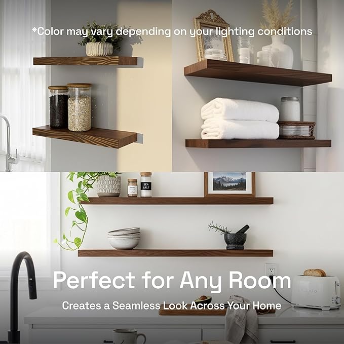 BAOBAB WORKSHOP Wood Floating Shelves for Wall - Wooden Floating Shelf 16 Inch - Rustic Bathroom Shelves for Room Wall for Kitchen Bedroom Living Room Farmhouse - Walnut Finish, 16″W × 6.7″D, Set of 2