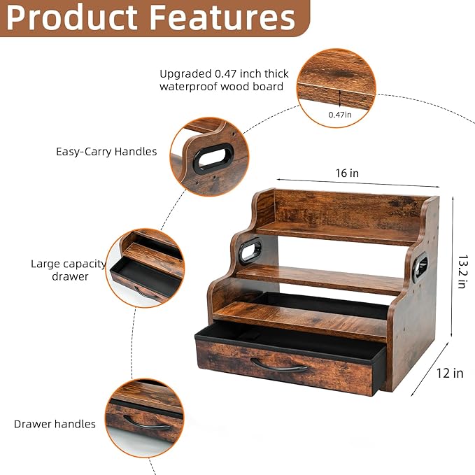 3-Tier Liquor Bottle Display Shelf with Drawers- Holds 12 Bottles & 36 K-Cups, Countertop Wine Rack, Coffee Syrup Rack, for Mini Bar, Whiskey, Spice Rack
