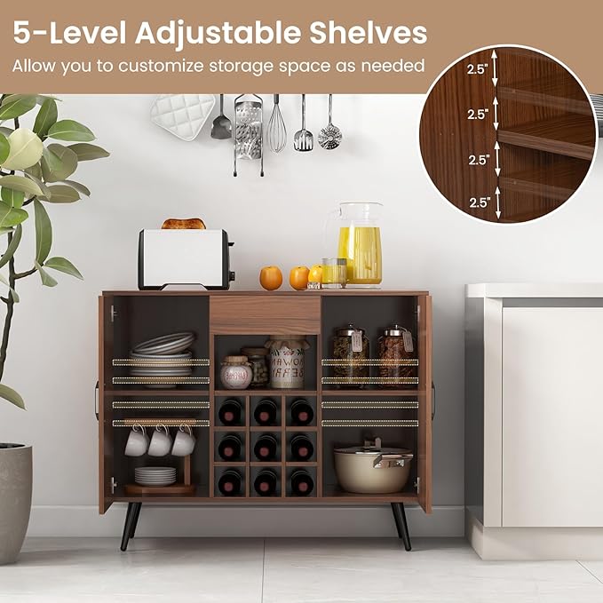 Buffet Cabinet with Storage, Sideboard Cabinet with Drawer & Removable Wine Rack, Kitchen Storage Cabinet with Doors and Shelves, Bar Cabinet for Kitchen, Dining Living Room, Entryway, Walnut