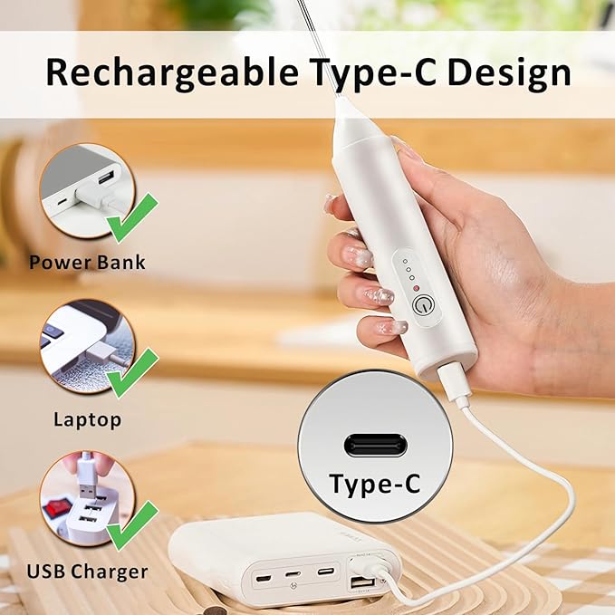 Rechargeable Milk Frother Handheld, USB-C Coffee Foam Maker with Stainless Steel Whisk ＆ 3 Speeds, Coffee Frother Electric Hand Drink Mixer Stirrer for Matcha, Powder Drink, Frappe, Xmas Gift (White)