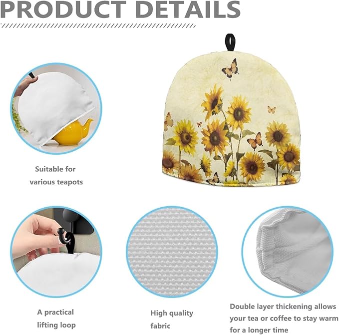 Butterfly Tea Pot Cozy for Keeping Warm Sunflower British Tea Pot for Kitchen Accessories Gift to Women Dust Proof Kettle Kitchen Dust Cover