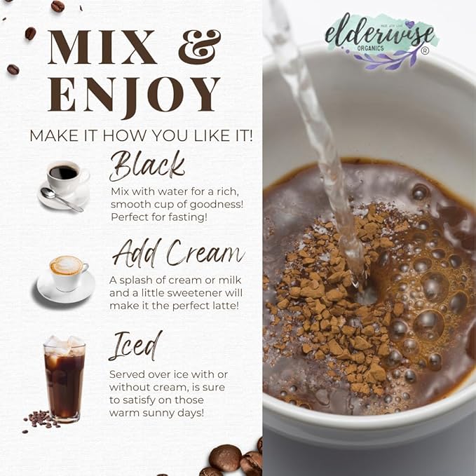 Elderwise Coffee with Mushrooms & Sea Moss - Lion's Mane, Chaga, Reishi & Cordyceps - 24 Servings - Healthy Coffee - Freeze Dried Instant - Chemical free - Fair Trade