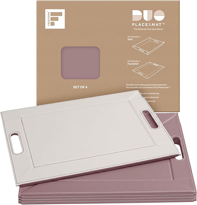 PLACEsMAT 2-in-1 Faux Leather Placemat & Serving Tray | Reversible Design, Lays Flat & Easy to Clean | Ottoman Food Tray, Perfect Housewarming Gift, 18” x 14” (Blush & Stone, Set of 4)