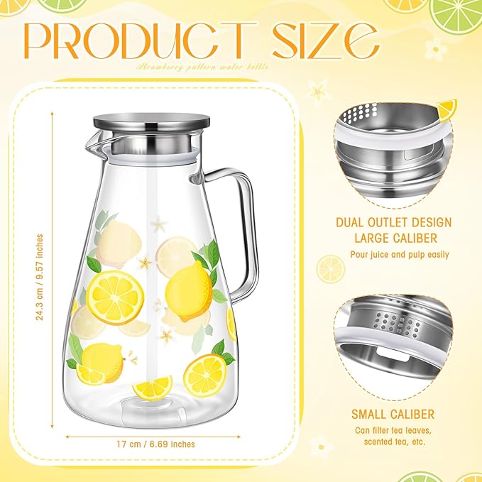 Domensi 74 oz / 2200 ml Glass Pitcher with Lid Water Pitcher with Handles Beverage Water Jar Glass Jug Hot and Cold Resistant Carafe for Tea Juice Milk Coffee Iced Beverage(Lemon)