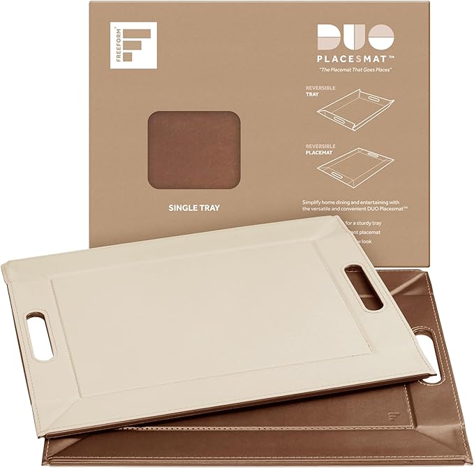 PLACEsMAT 2-in-1 Faux Leather Placemat & Serving Tray | Reversible Design, Lays Flat & Easy to Clean | Ottoman Food Tray, Perfect Housewarming Gift, 18” x 14” (Bronze & Stone, Single)