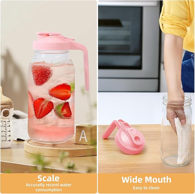 Glass Mason Jar Pitcher - 64 oz/2 Quart Wide Mouth Jug with Lid and Pour Spout, Airtight Seal, Leak Proof Iced Tea Pitcher for Sun Tea, Juice, Breast Milk, Cold Beverages, Coffe