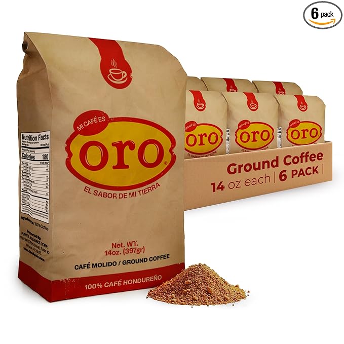 Mi cafe es ORO – Ground Coffee 100% Honduran Dark Roast; Exotic Flavor; Smooth Aroma; Ideal for Drip Coffee, Espresso, or French Press Brewing – Freshly Packed Coffee Bags – 14 Oz | 6-Pack