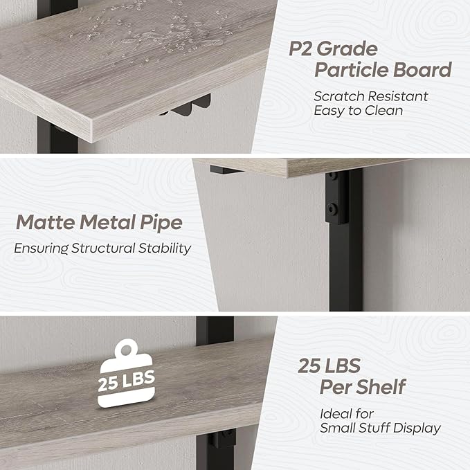 Bestier Floating Shelves for Wall, 32 inch Kitchen Shelves Wall Mounted, 3 Tier Coffee Bar Shelf with Foldable Brackets, Industrial Display Shelf for Bathroom, Living Room, Retro Grey