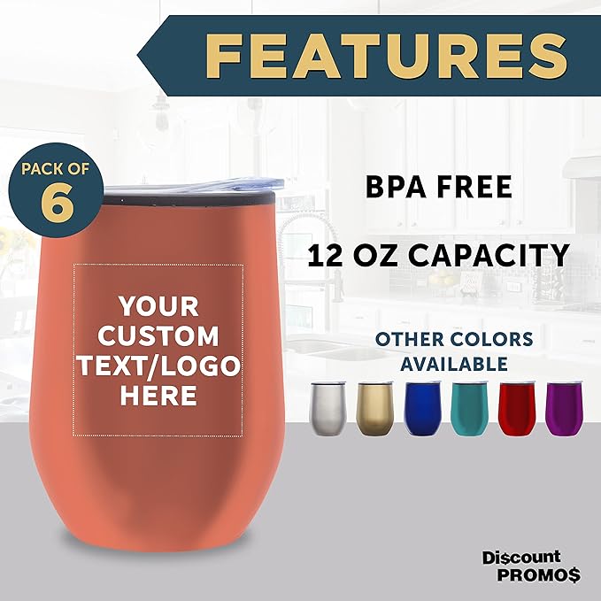 Custom Stemless Wine Tumblers 12 oz. Set of 6, Personalized Bulk Pack - Insulated, Perfect for Wine, Cocktails, Other Hot & Cold Beverages - Rose Gold