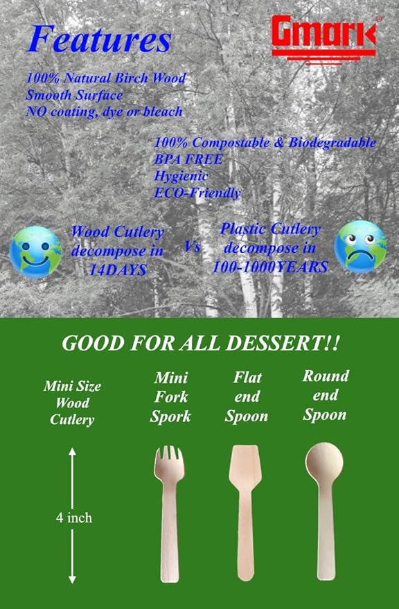 Gmark 4" Mini Wooden Sampling Spoons, Pack of 100, Square End, Disposable, Biodegradable Compostable Birchwood