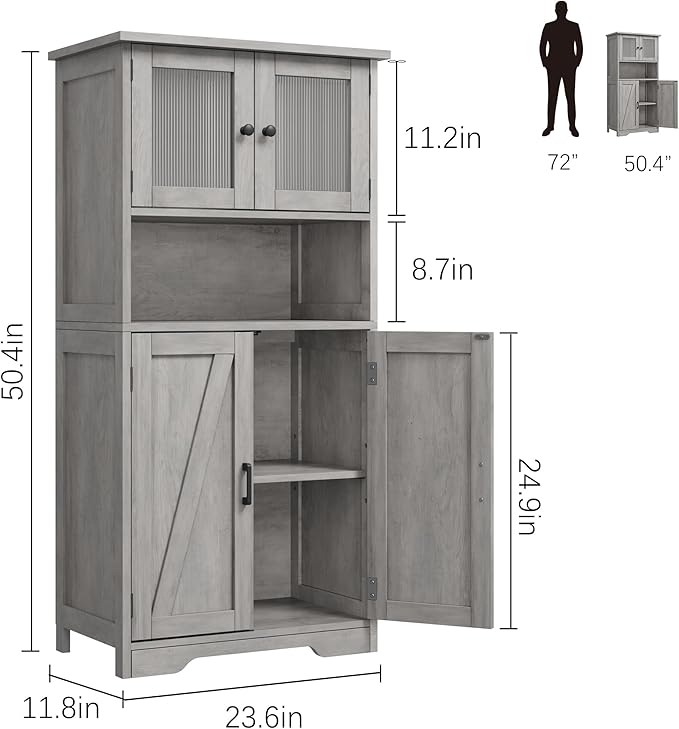 Storage Cabinets, 54 Inch Tall Hutch Bar Cabinet with Glass Doors and Adjustable Shelves, Wooden Kitchen Pantry Storage Cabinet, for Living Room