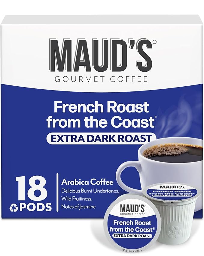Maud's French Roast Coffee Pods 18 ct, Dark Roast Coffee in Recyclable Single Serve Pods – 100% Arabica Coffee, Compatible with Keurig K Cups Maker