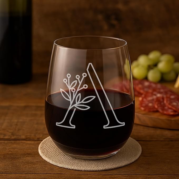 On The Rox Drinks Monogrammed Gifts For Women and Men - Letter A-Z Initial Engraved Monogram Stemless Wine Glass - 17 Oz Personalized Wine Gifts For Women and Men (A)