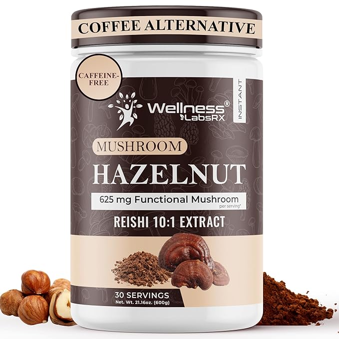 Mushroom Hazelnut Powder with Reishi 10:1 Extract, Hot Cocoa Powder Caffeine-Free Mushroom Coffee Alternative - Adaptogenic Superfood Drink for Focus, Relaxation, and Mood Support - 30 Servings