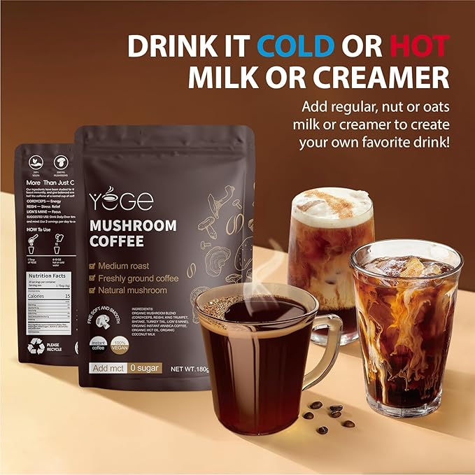 Mushroom Coffee, Instant Mushroom Coffee with Cordyceps, Reish, King Trumpet, Shitake, Turkey Tail, Lions Mane for Energy, Focus, Positive Mood & Immune Support (30 Servings)